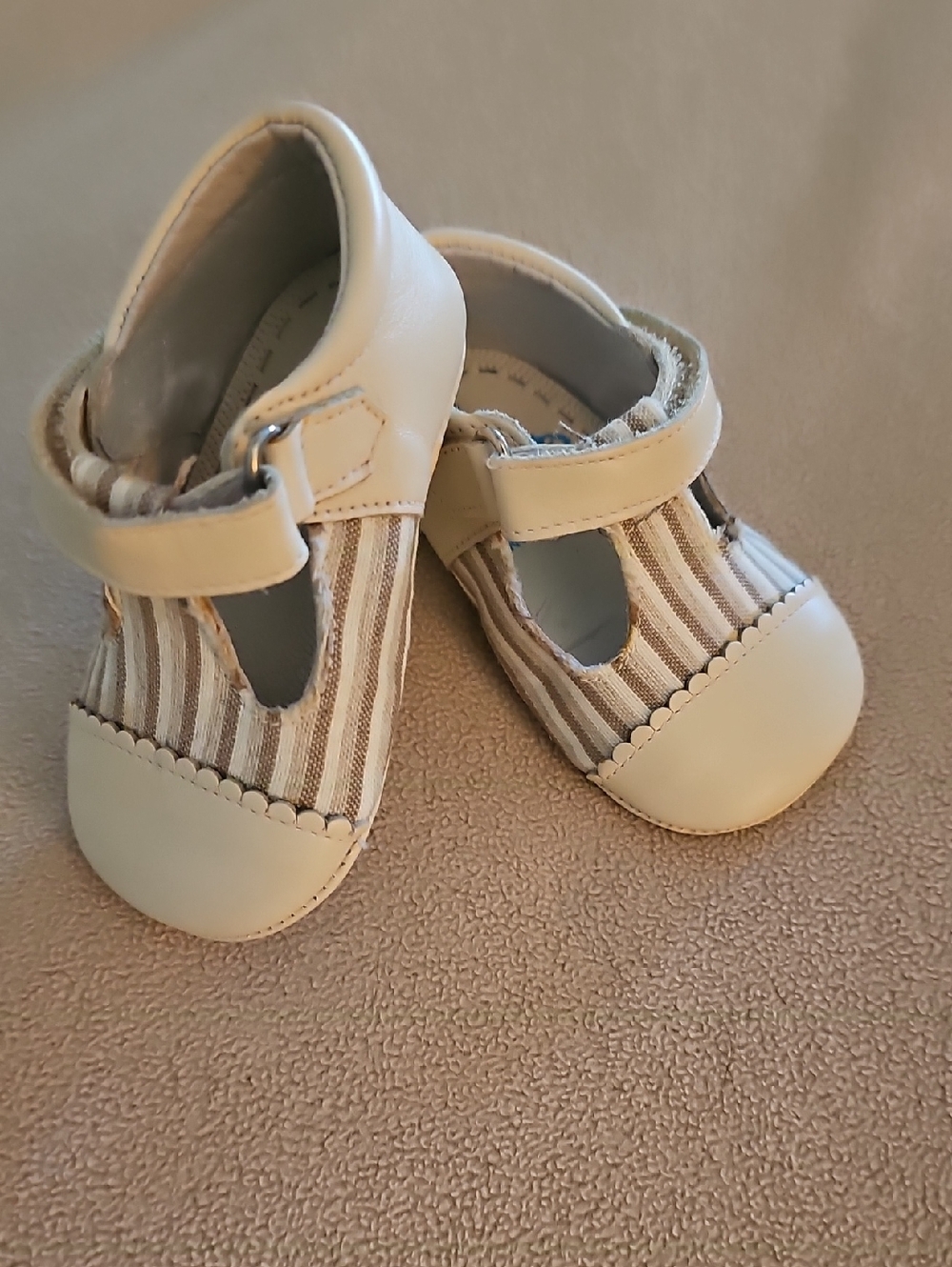 Beige Striped T-Strap Kids Shoes